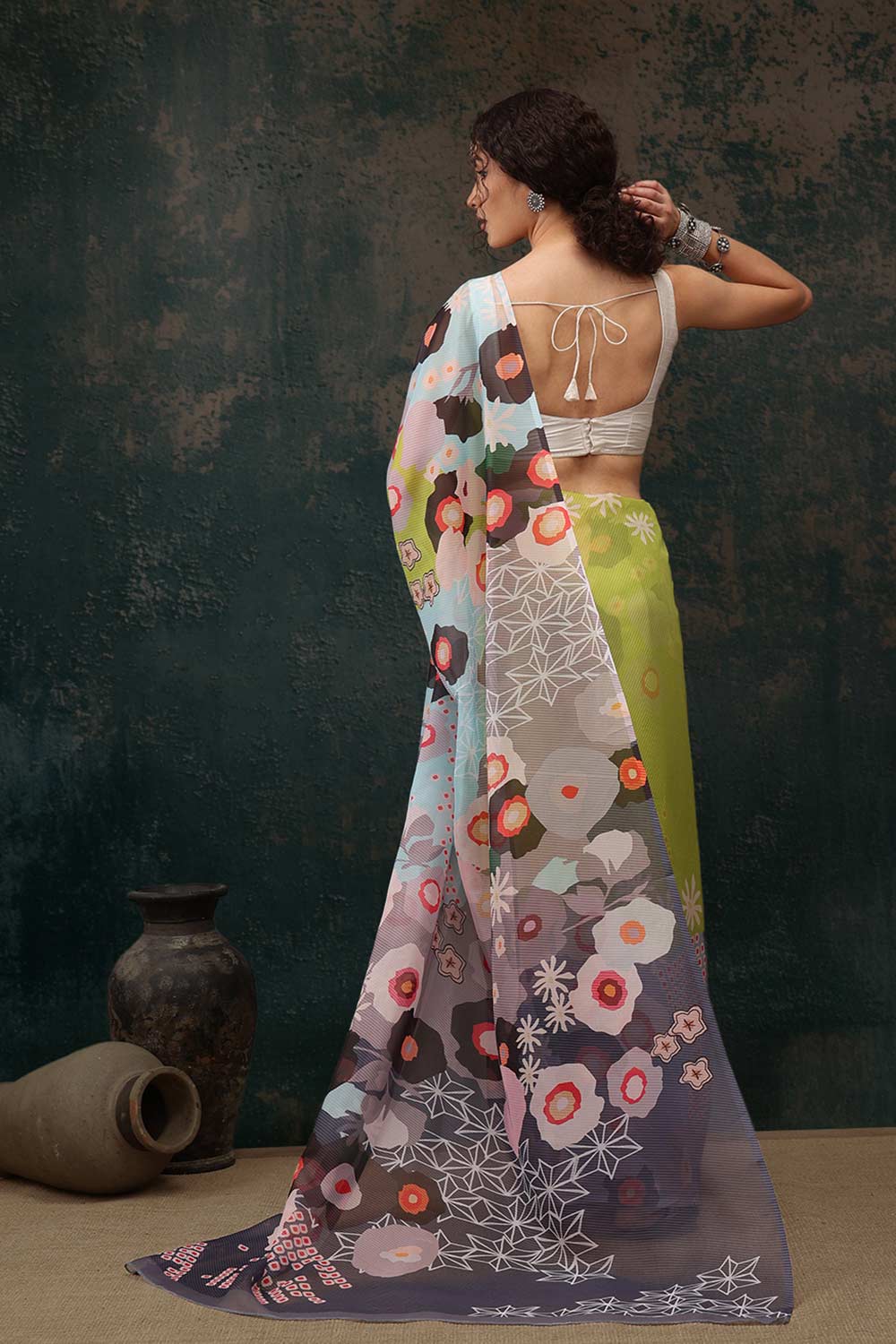 Parrot Green Polyester Printed Saree