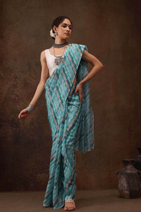 Teal Colored Soft Silk Abstract Printed Saree