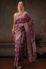 Wine Cotton Woven Thread Floral Saree