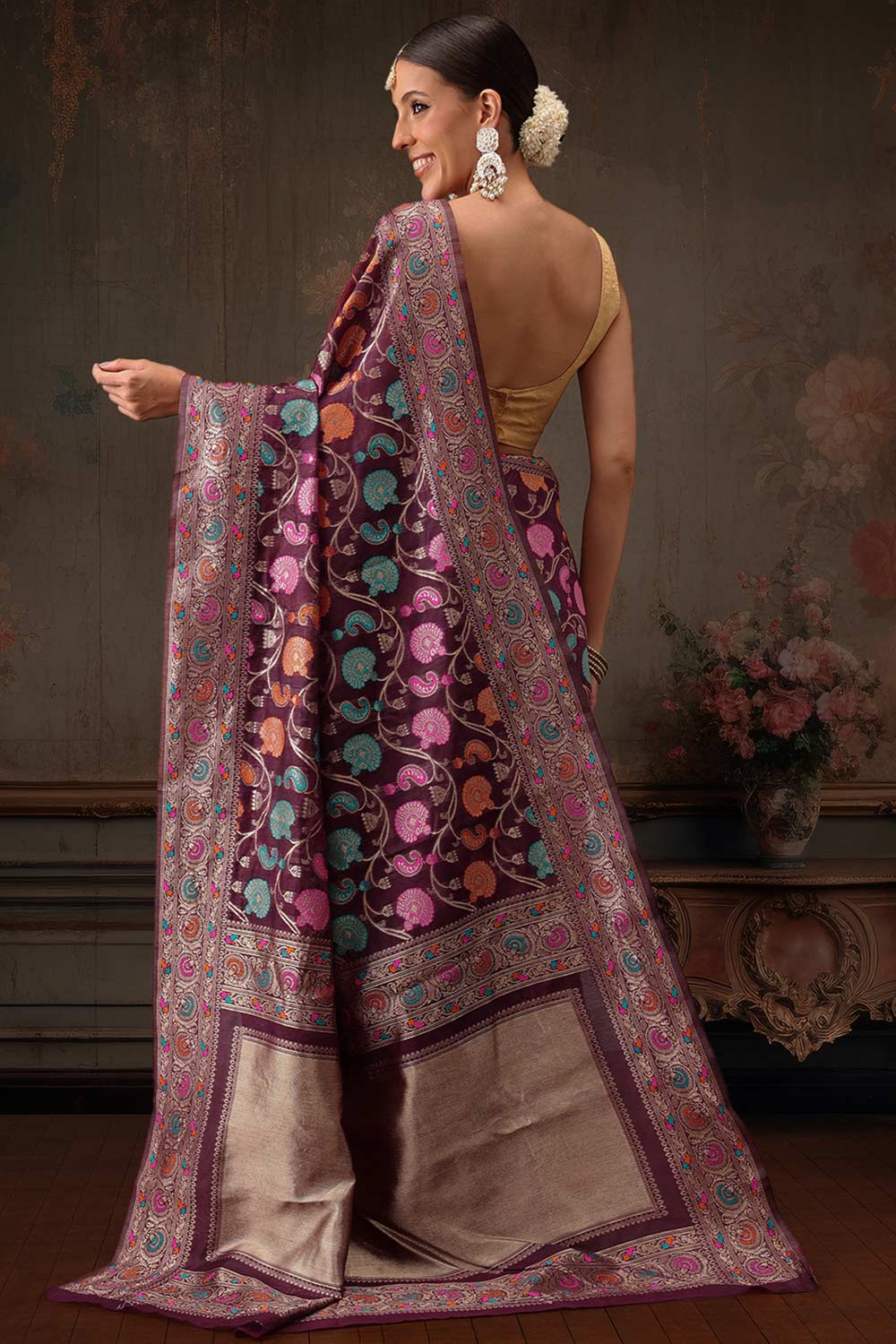 Wine Cotton Woven Thread Floral Saree