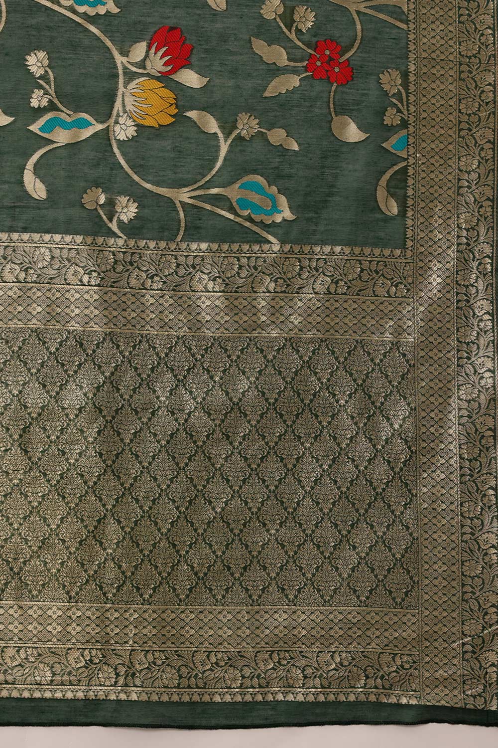 Green Cotton Woven Thread Floral Saree