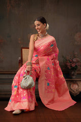 Pink Cotton Woven Thread Floral Saree