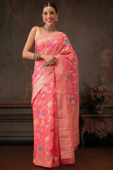 Pink Cotton Woven Thread Floral Saree