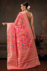 Pink Cotton Woven Thread Floral Saree