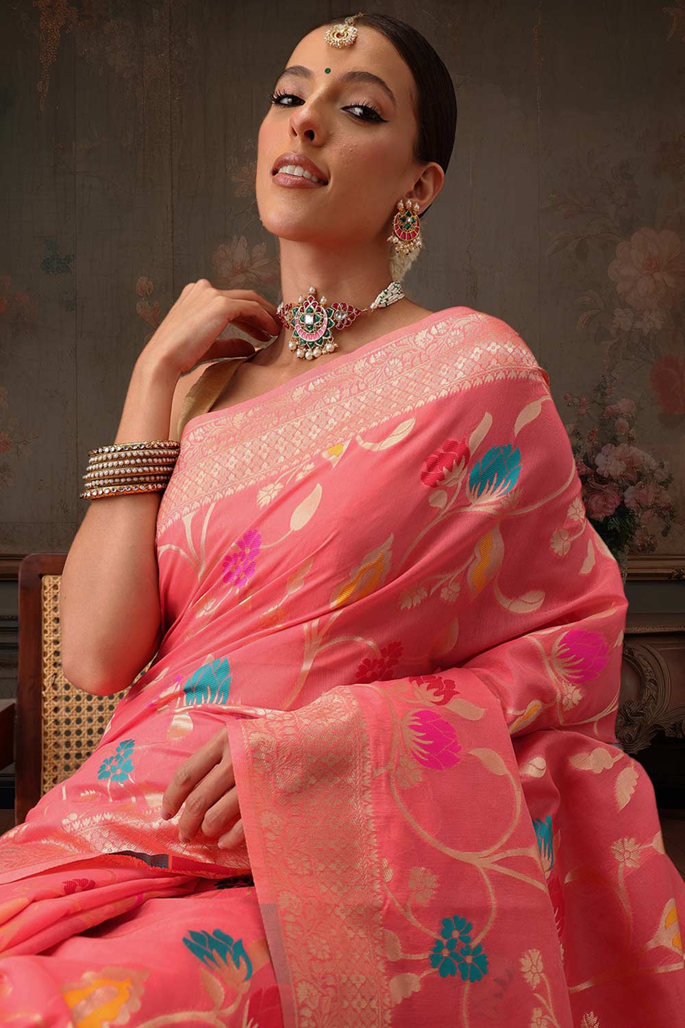 Pink Cotton Woven Thread Floral Saree