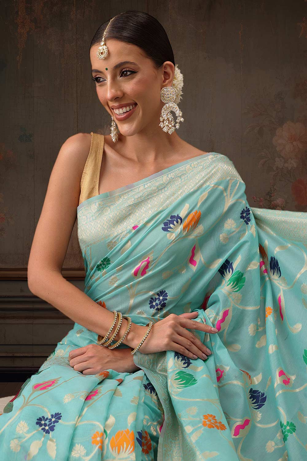 Teal Cotton Woven Thread Floral Saree