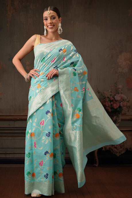 Teal Cotton Woven Thread Floral Saree