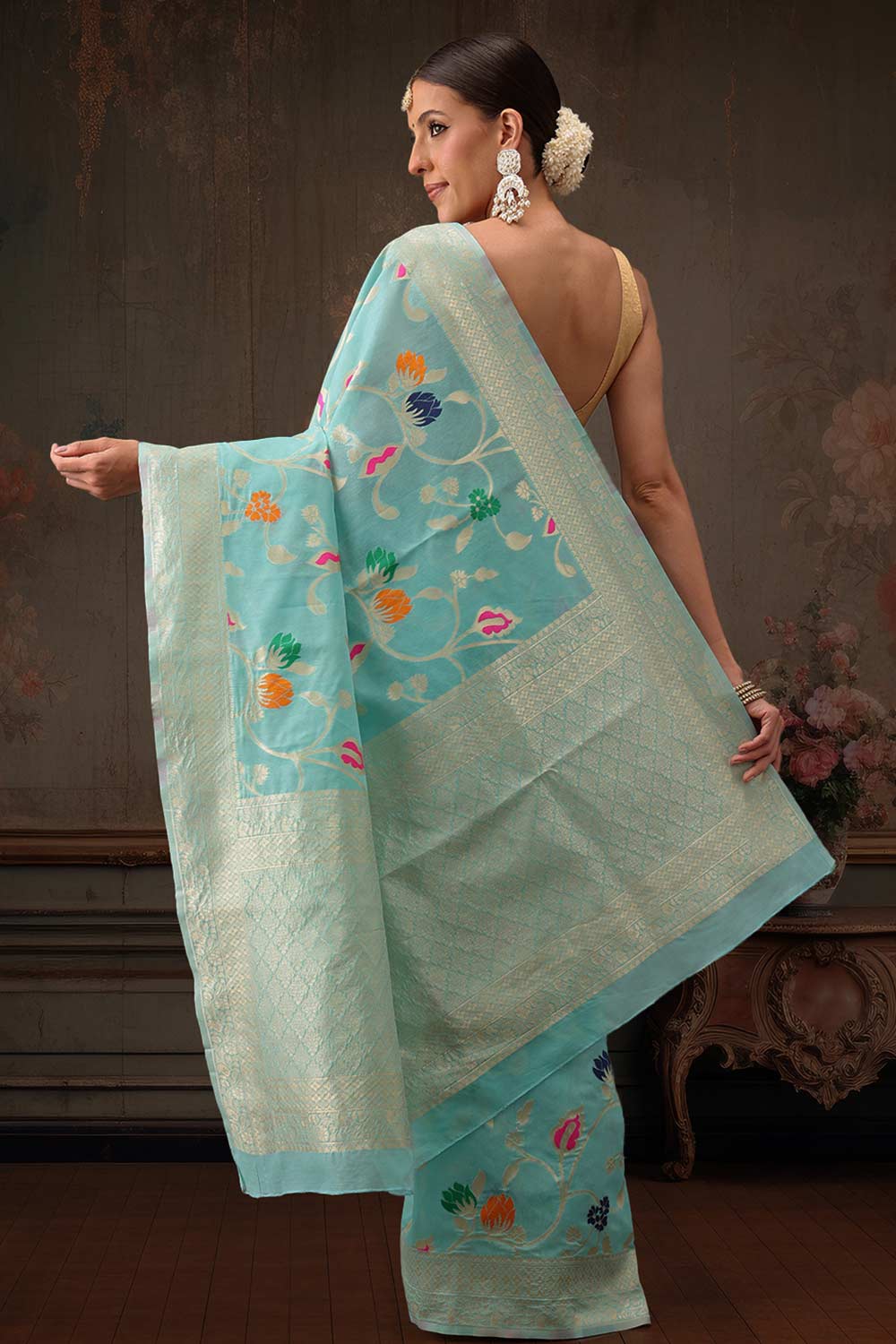 Teal Cotton Woven Thread Floral Saree