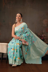 Teal Cotton Woven Thread Floral Saree