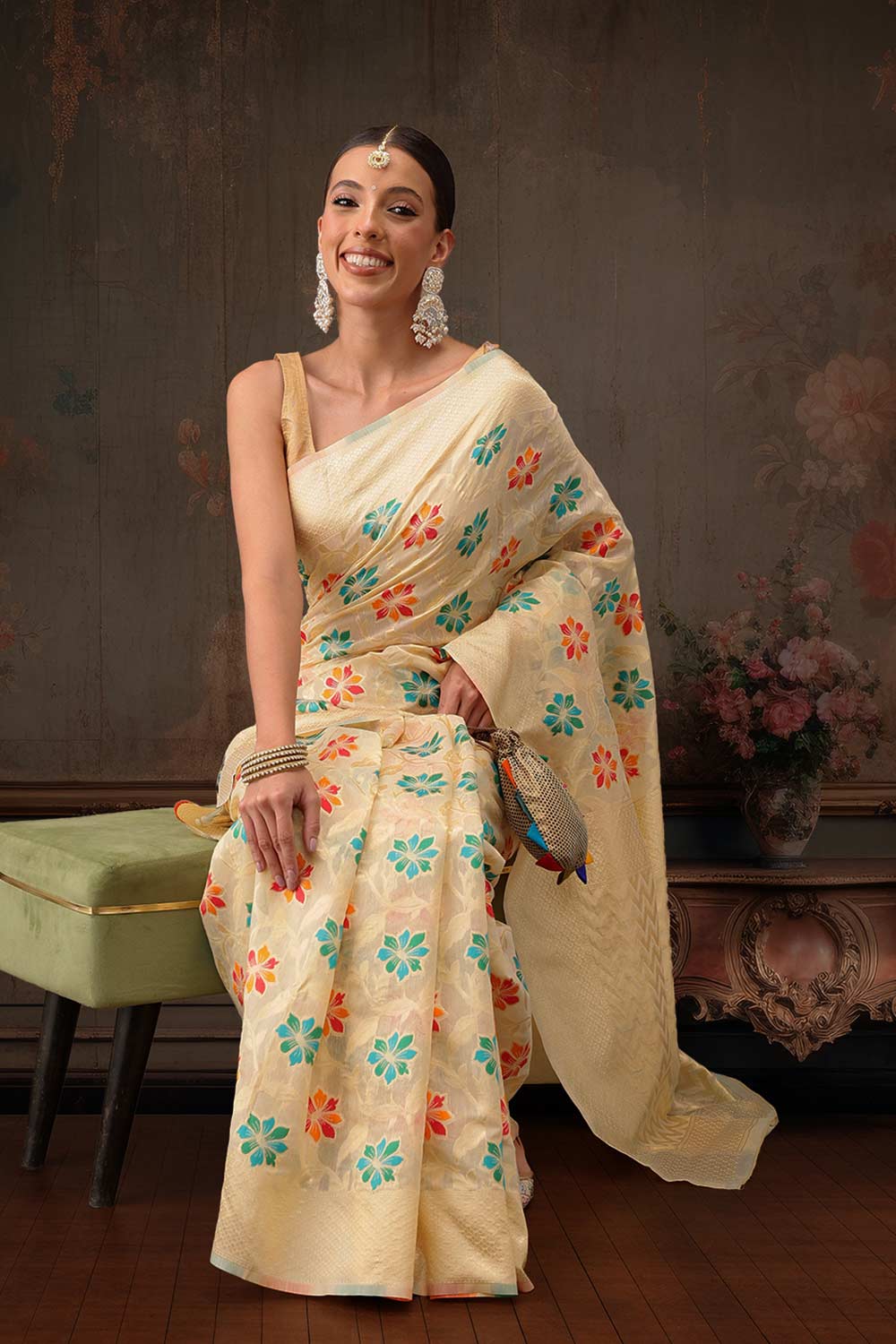 Beige Cotton Woven Thread Floral Saree