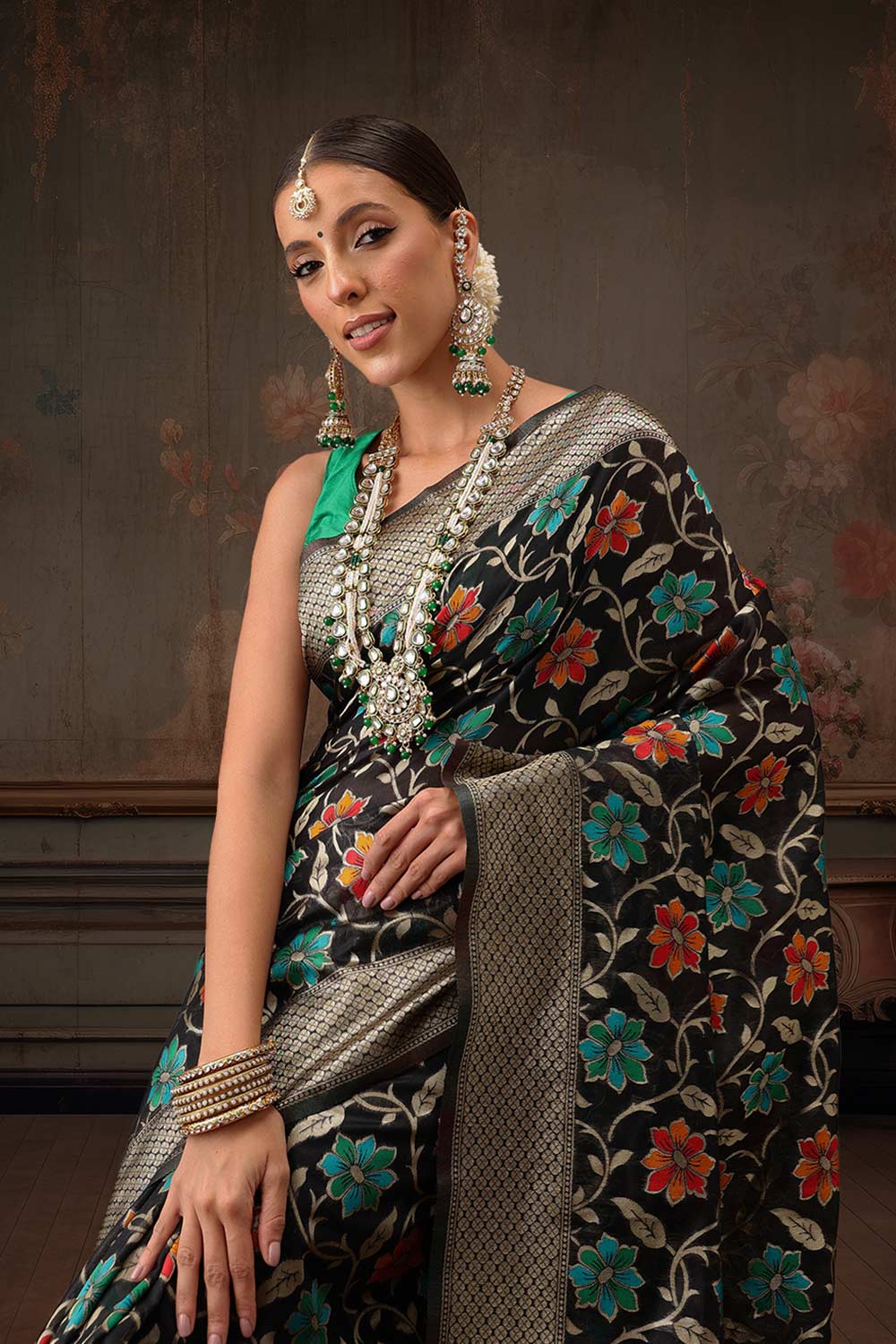 Black Cotton Woven Thread Floral Saree