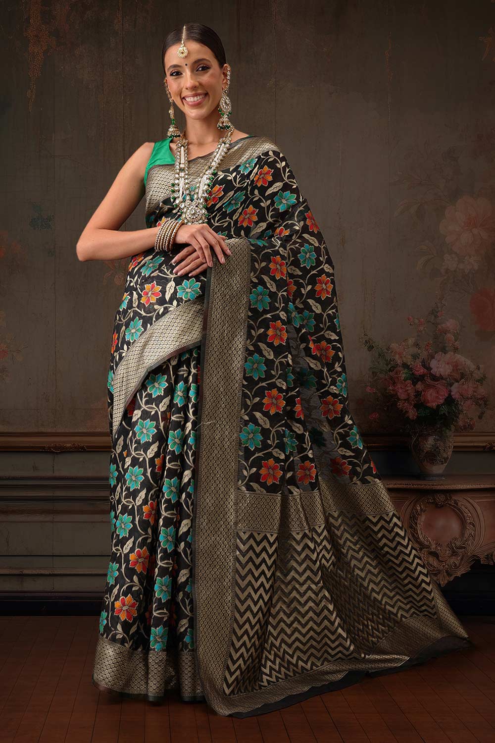 Black Cotton Woven Thread Floral Saree