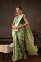 Parrot Green Cotton Woven Thread Floral Saree