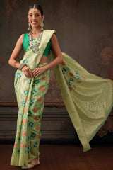 Parrot Green Cotton Woven Thread Floral Saree