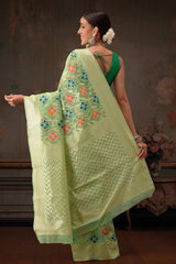 Parrot Green Cotton Woven Thread Floral Saree