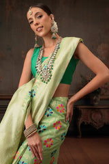 Parrot Green Cotton Woven Thread Floral Saree