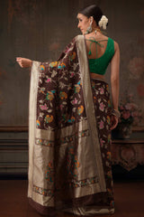 Brown Cotton Woven Thread Floral Saree