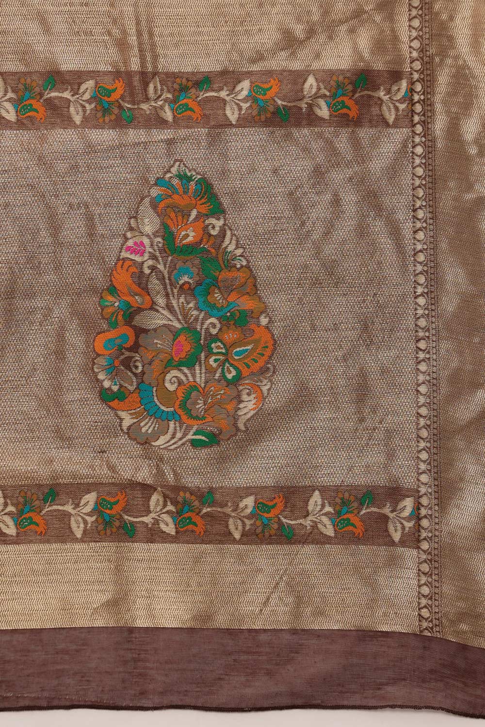 Brown Cotton Woven Thread Floral Saree