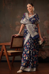 Navy Blue Cotton Woven Thread Floral Saree