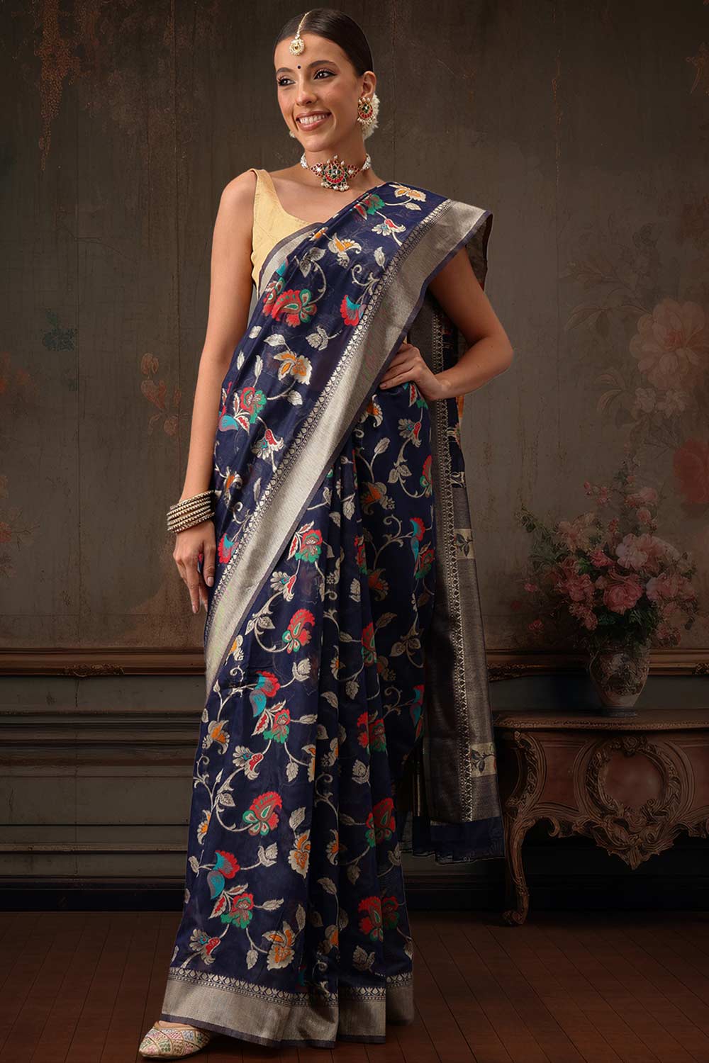 Navy Blue Cotton Woven Thread Floral Saree