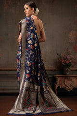 Navy Blue Cotton Woven Thread Floral Saree