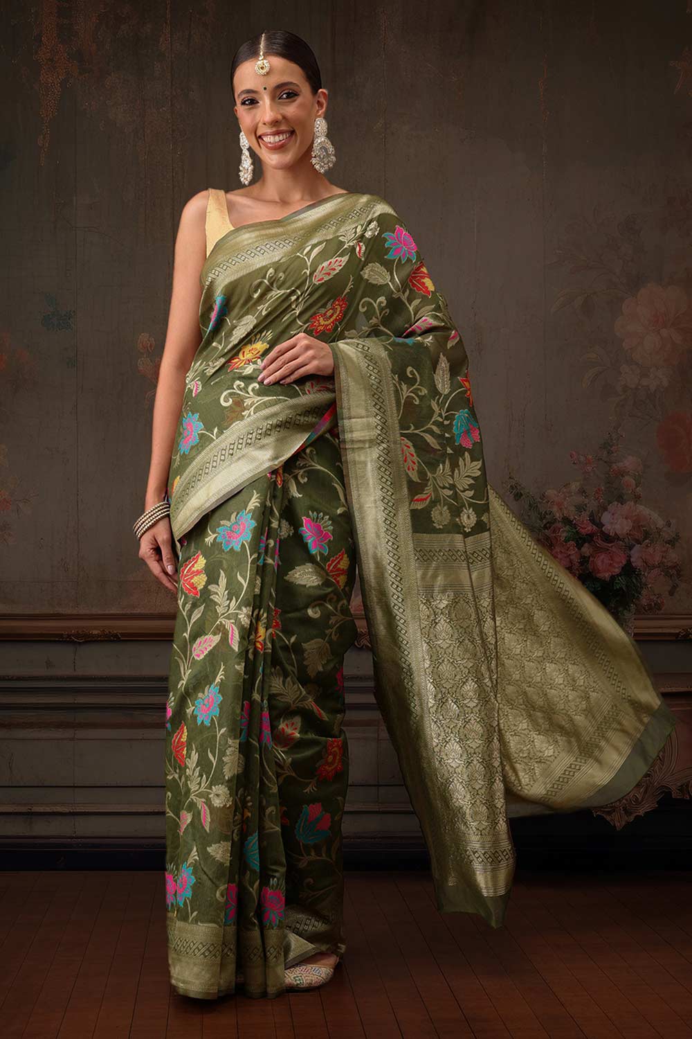 Green Cotton Woven Thread Floral Saree