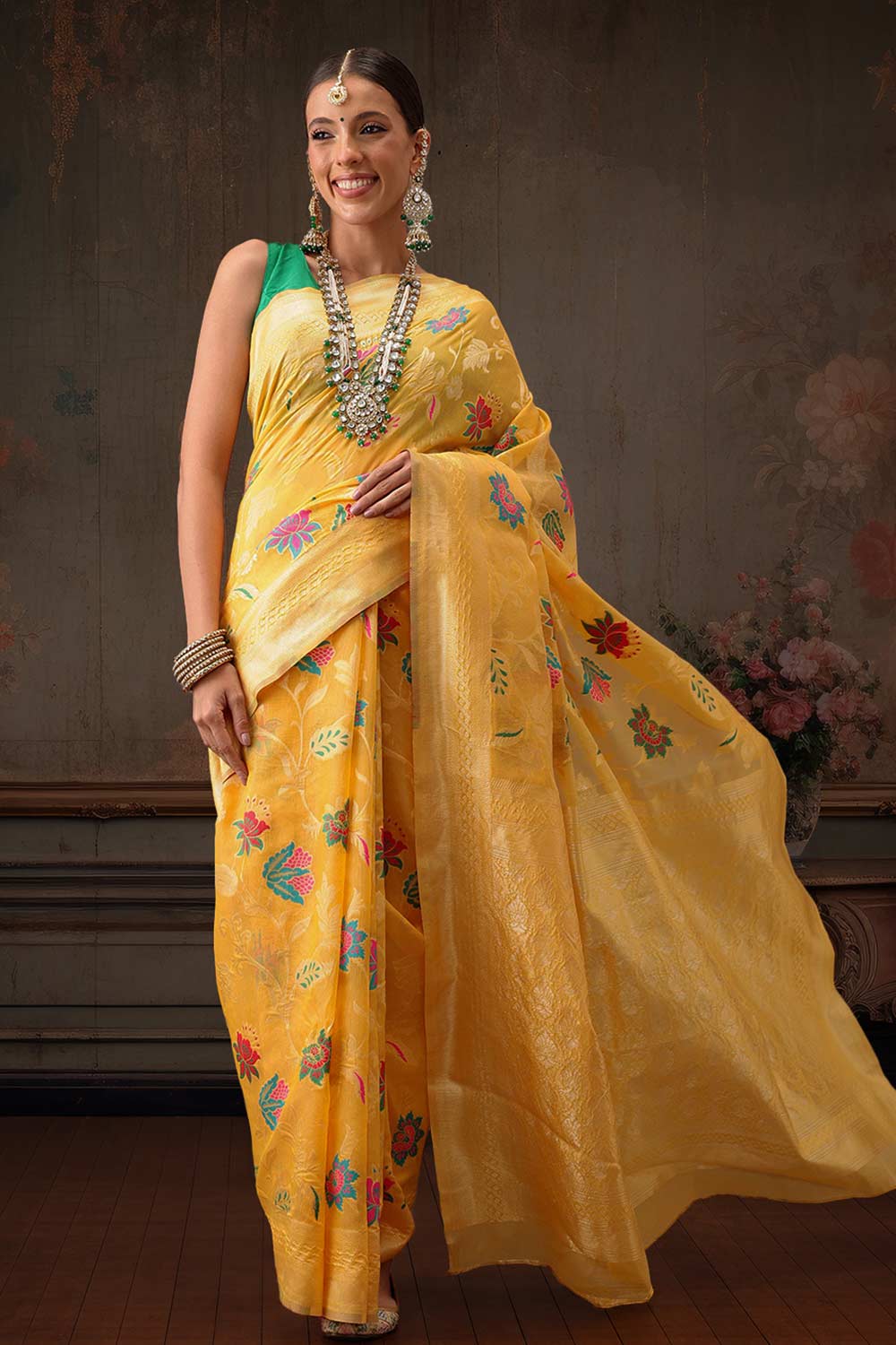 Mustard Cotton Woven Thread Floral Saree