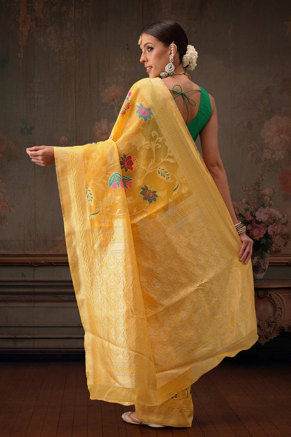 Mustard Cotton Woven Thread Floral Saree