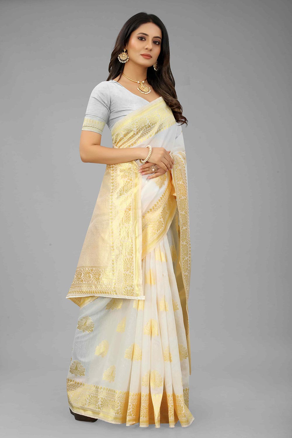 Pearl White Kanjivaram Art Silk Kasavu Saree