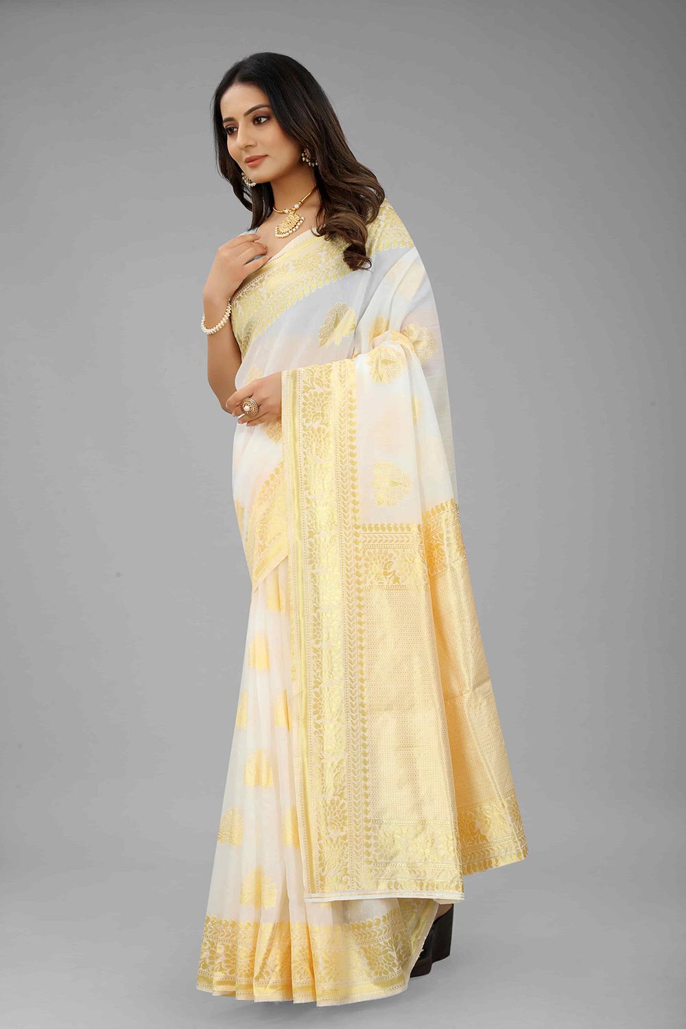 Pearl White Kanjivaram Art Silk Kasavu Saree