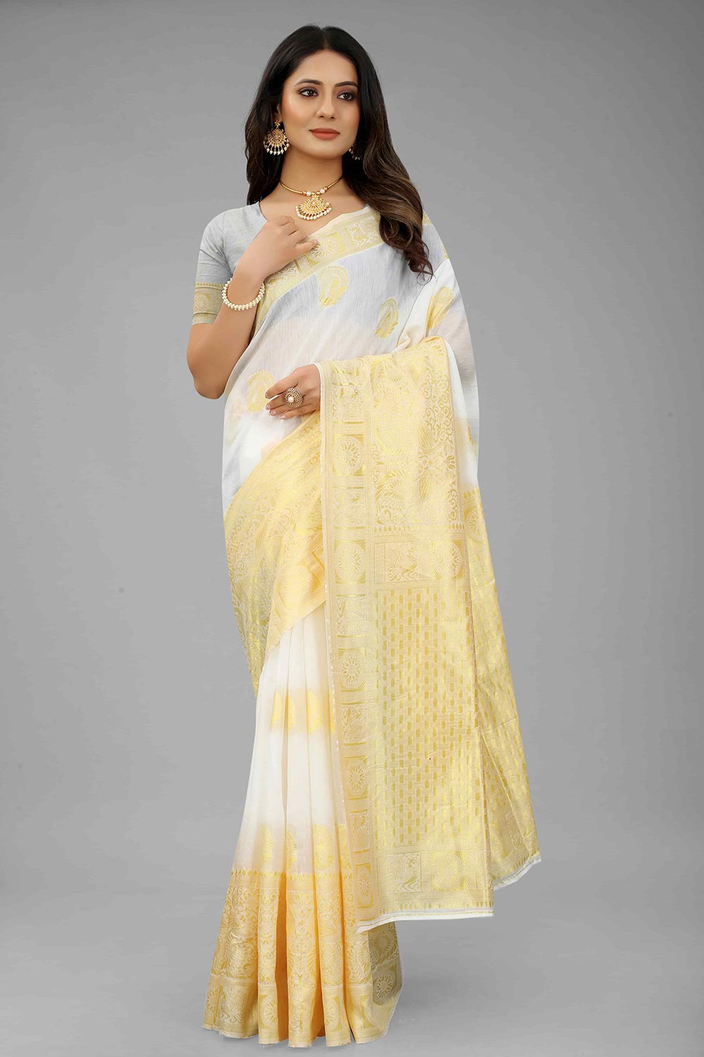 Pearl White Kanjivaram Art Silk Kasavu Saree