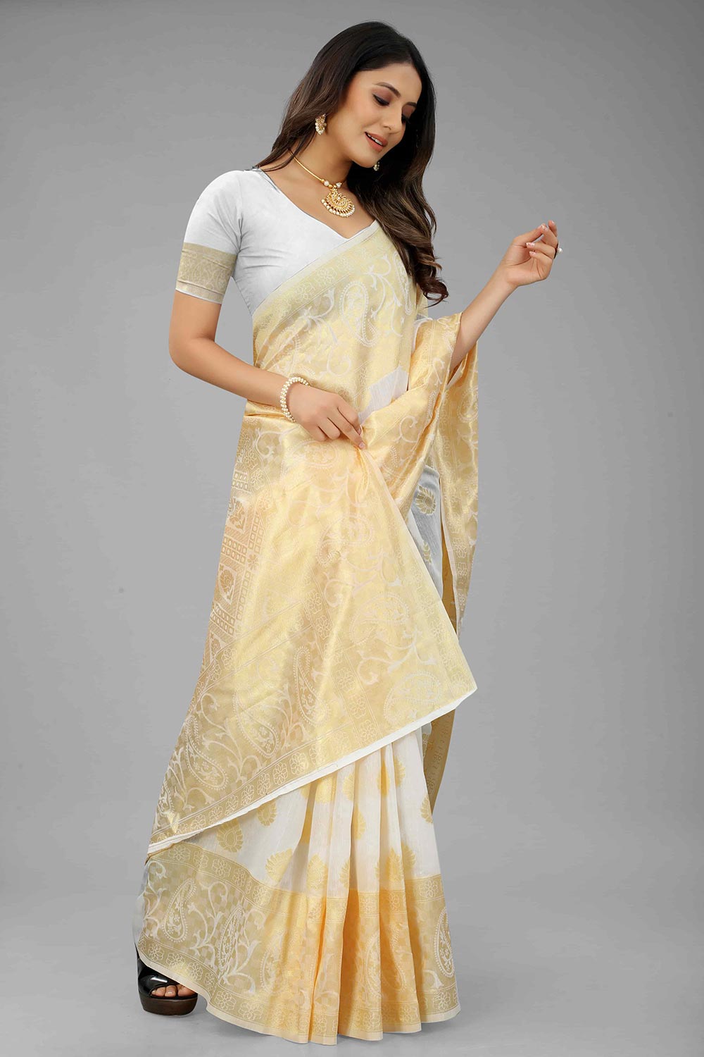 Pearl White Kanjivaram Art Silk Kasavu Saree