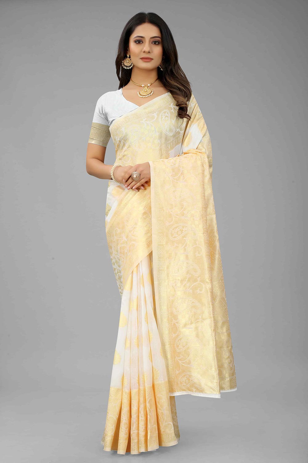 Pearl White Kanjivaram Art Silk Kasavu Saree