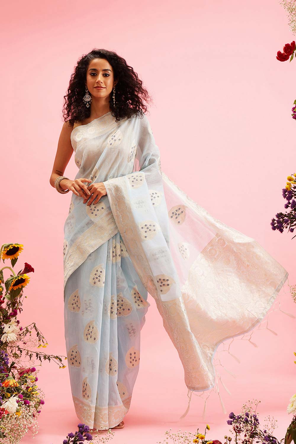 Blue Linen Woven Thread Banarasi Saree