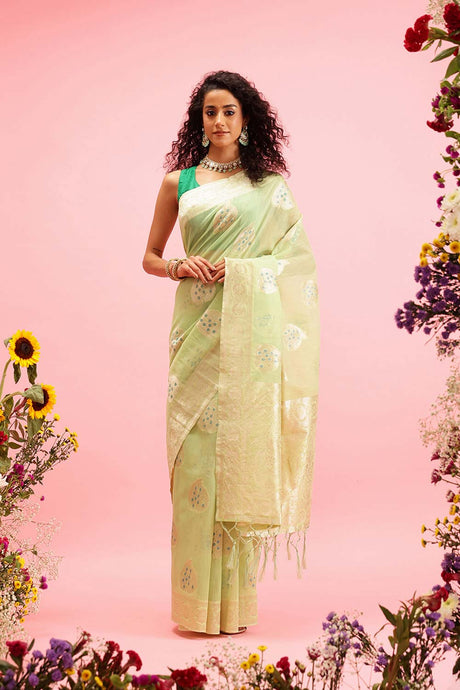 Green Linen Woven Thread Banarasi Saree