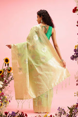 Green Linen Woven Thread Banarasi Saree