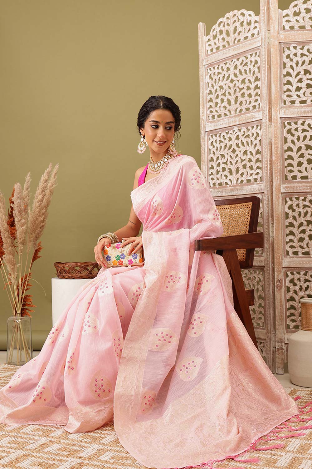 Light Pink Linen Woven Thread Banarasi Saree