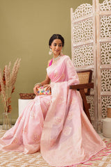 Light Pink Linen Woven Thread Banarasi Saree