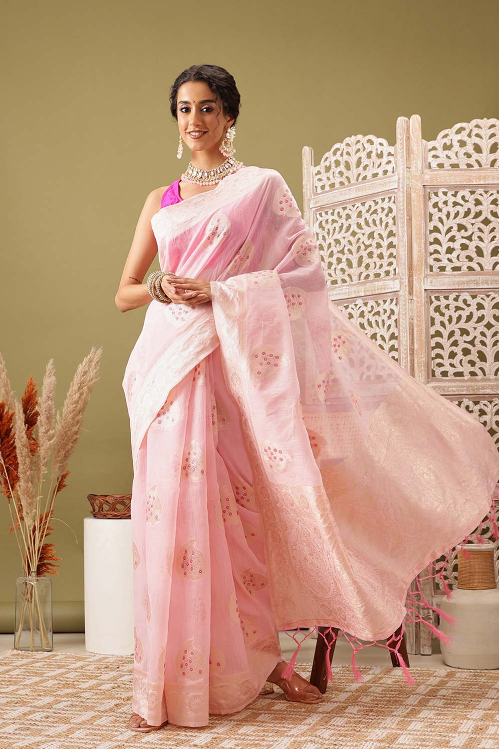 Light Pink Linen Woven Thread Banarasi Saree