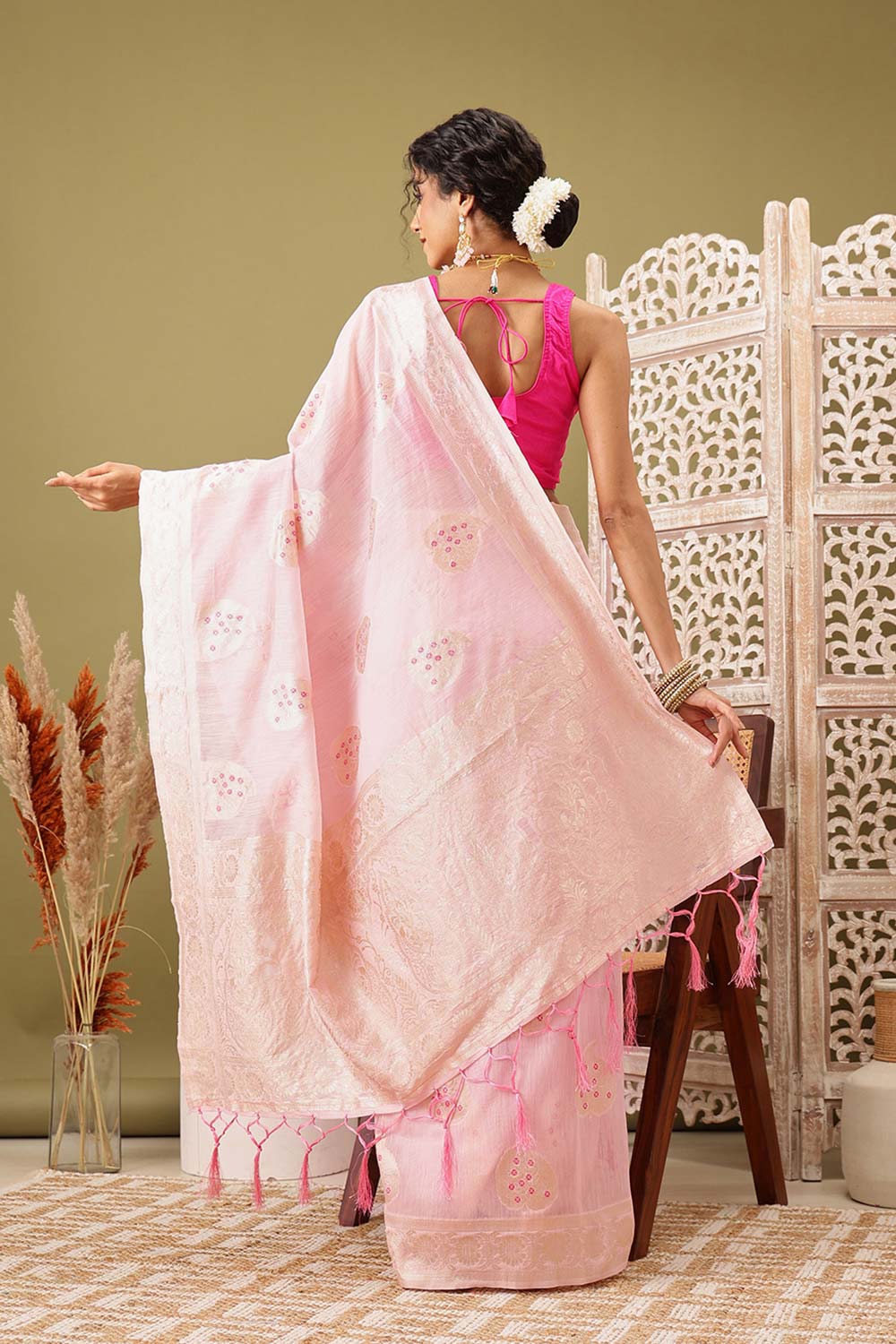 Light Pink Linen Woven Thread Banarasi Saree