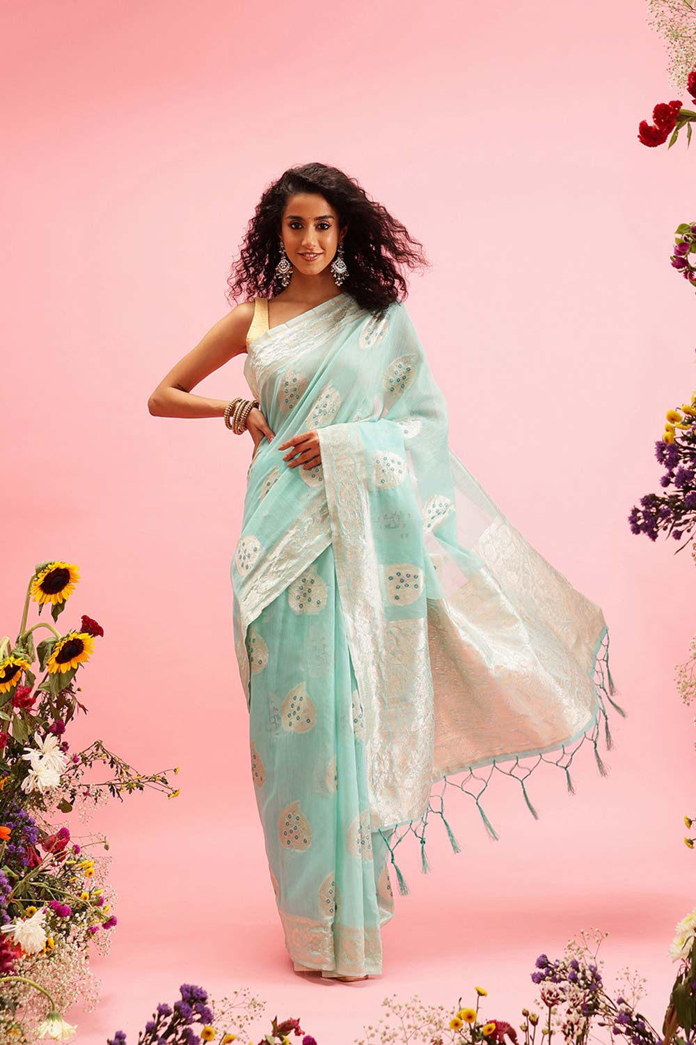 Teal Linen Woven Thread Banarasi Saree