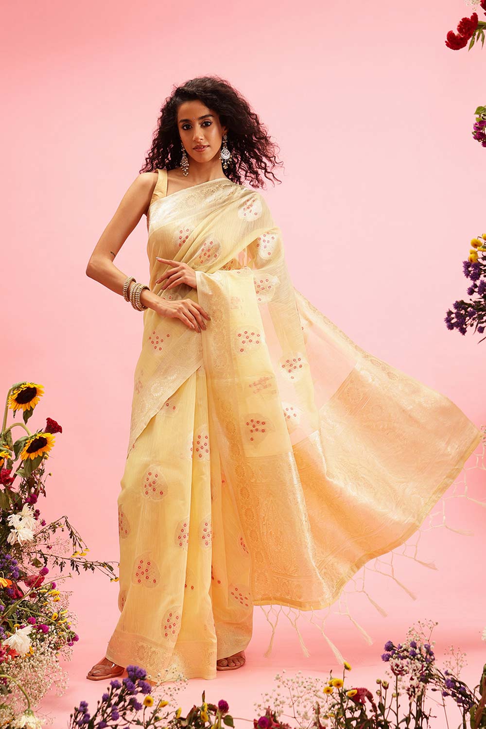 Yellow Linen Woven Thread Banarasi Saree