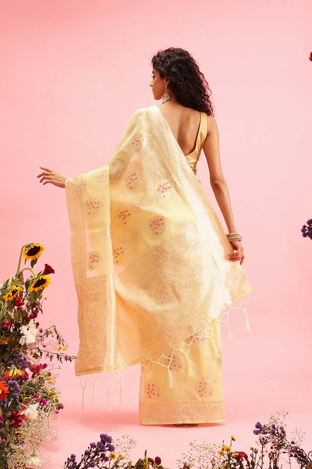 Yellow Linen Woven Thread Banarasi Saree