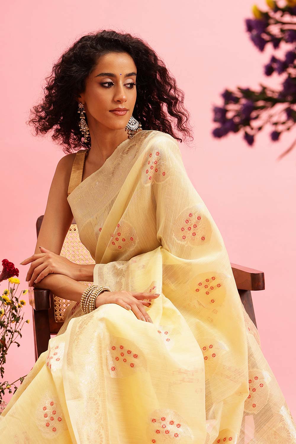 Yellow Linen Woven Thread Banarasi Saree