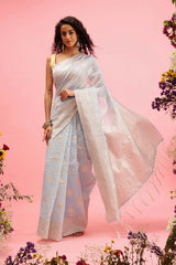 Blue Linen Woven Thread Banarasi Saree