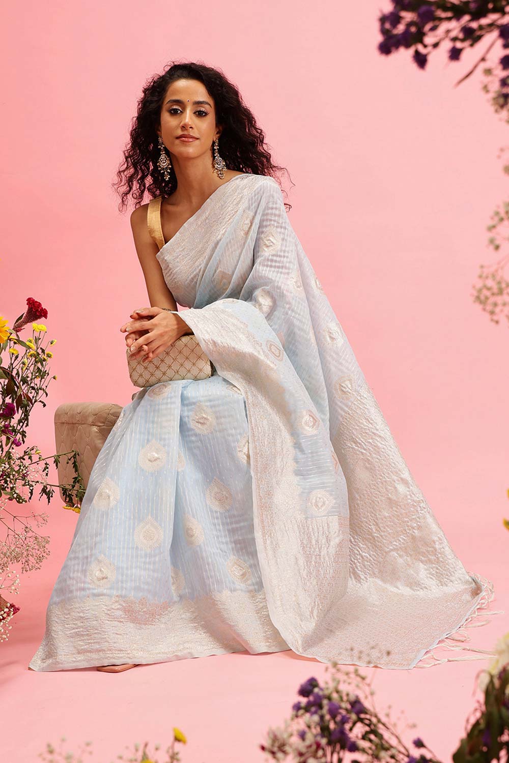 Blue Linen Woven Thread Banarasi Saree