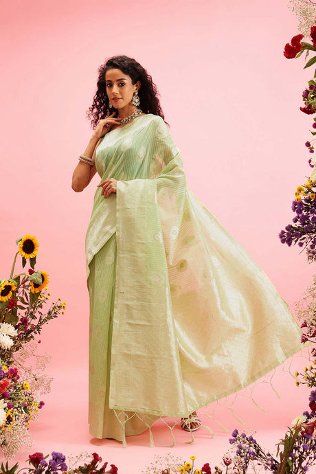 Green Linen Woven Thread Banarasi Saree