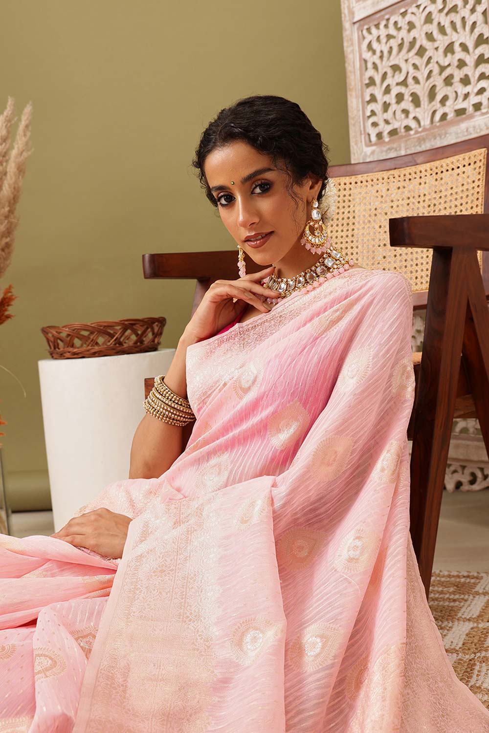 Light Pink Linen Woven Thread Banarasi Saree