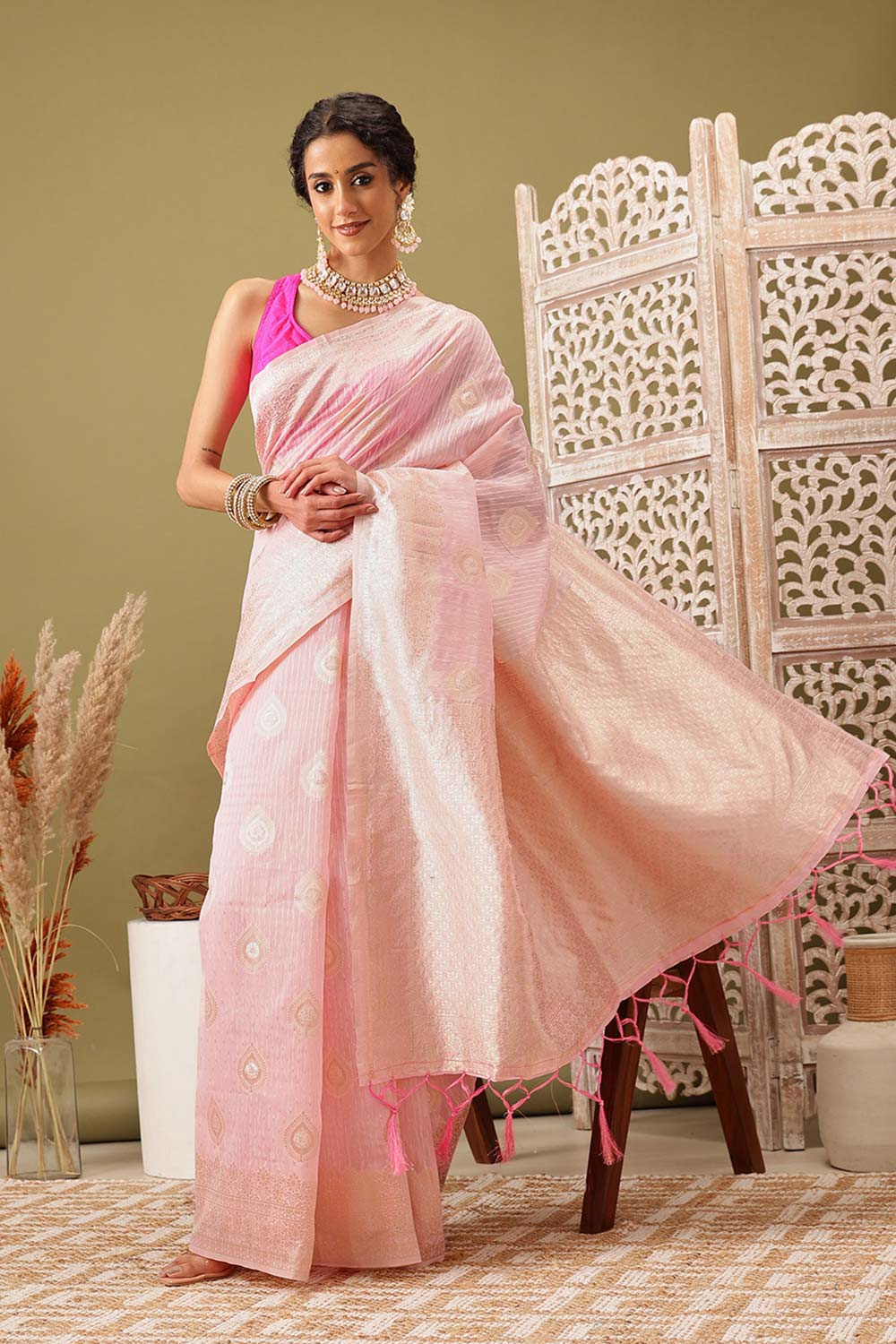 Light Pink Linen Woven Thread Banarasi Saree