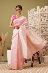 Light Pink Linen Woven Thread Banarasi Saree